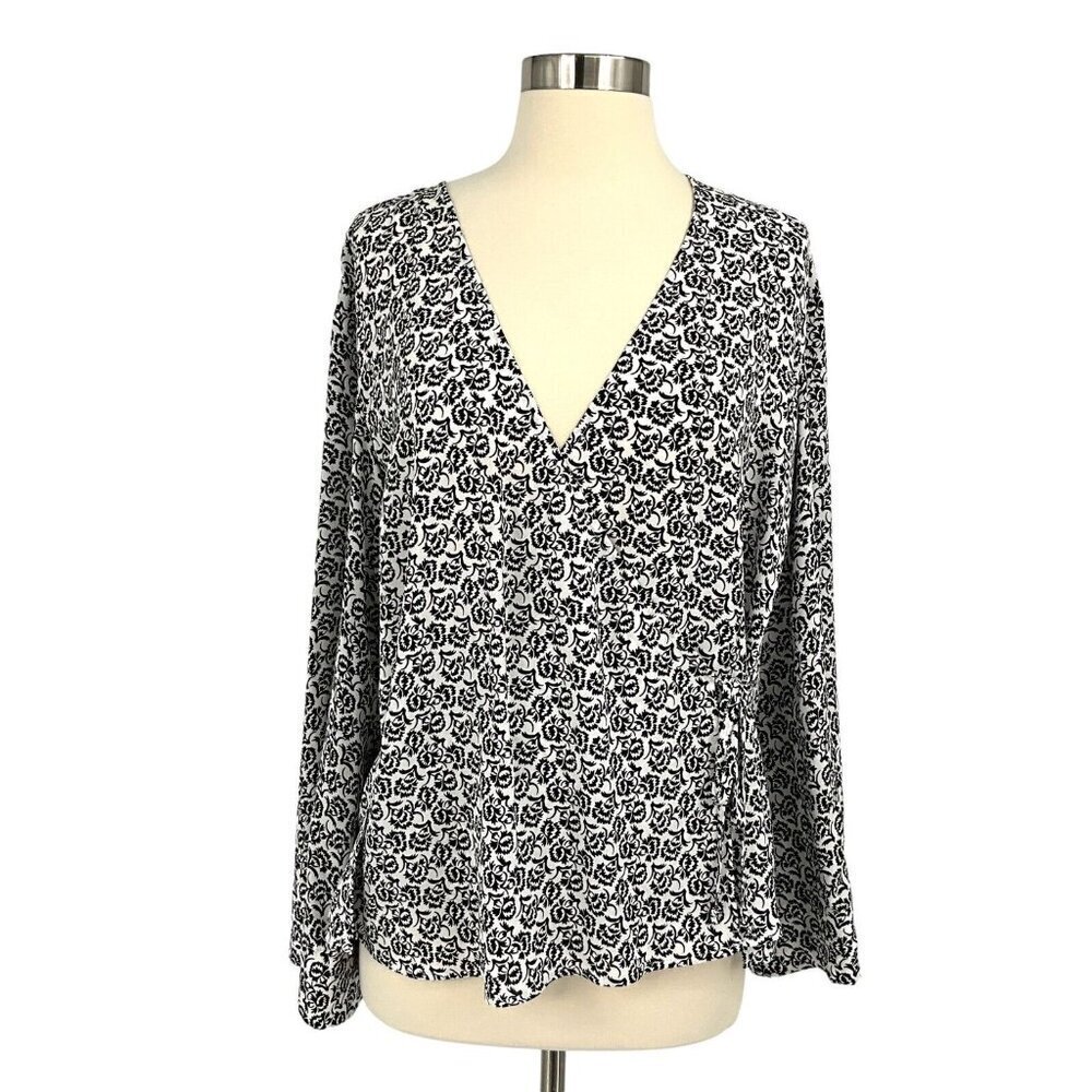 A.L.C. Size 8 Ray Blouse Deep V Bell Sleeve Silk Wrap Top Black White Floral